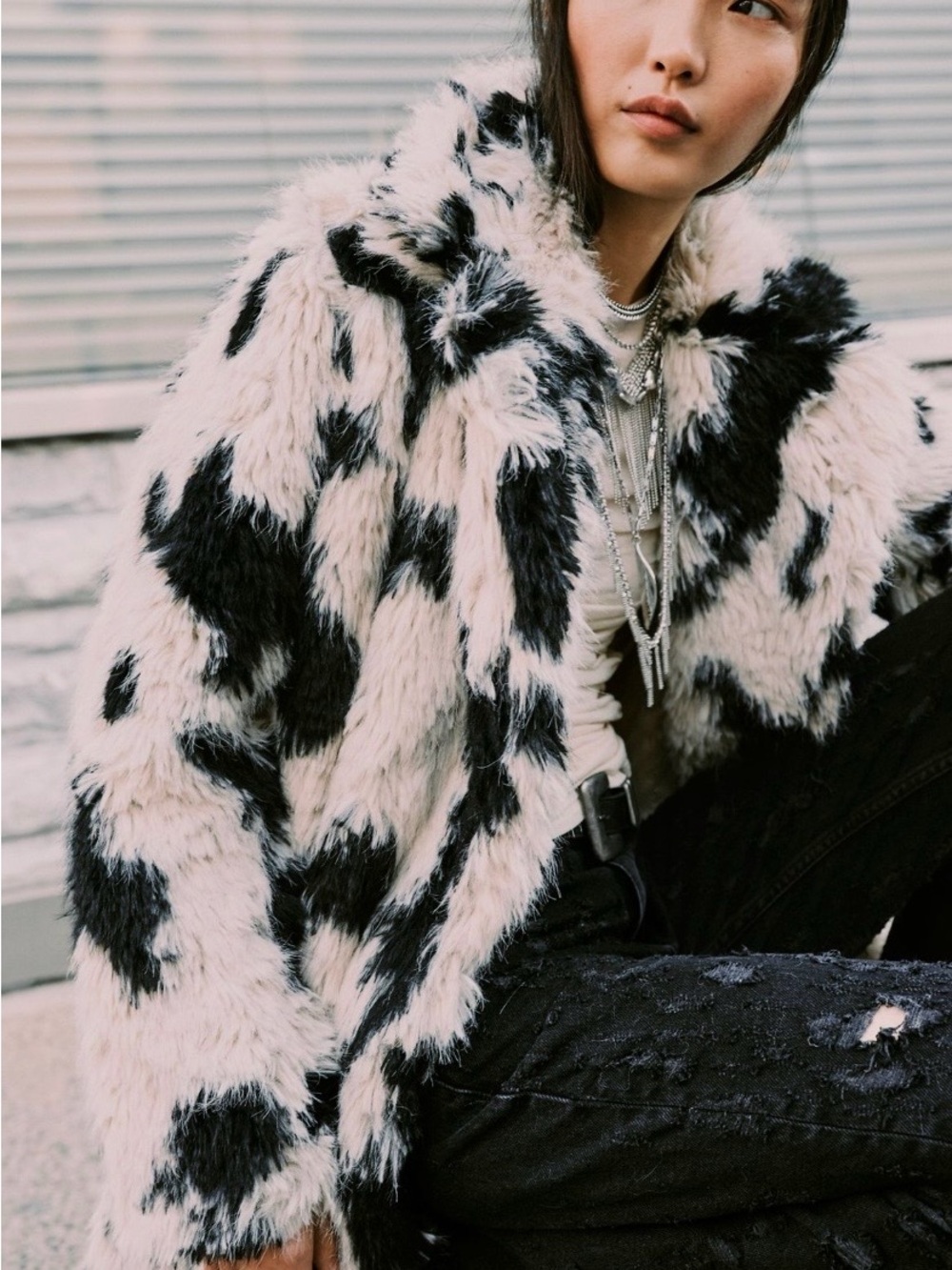 Free People Black & Cream Patterned Teddy Coat - Picture 4 of 4